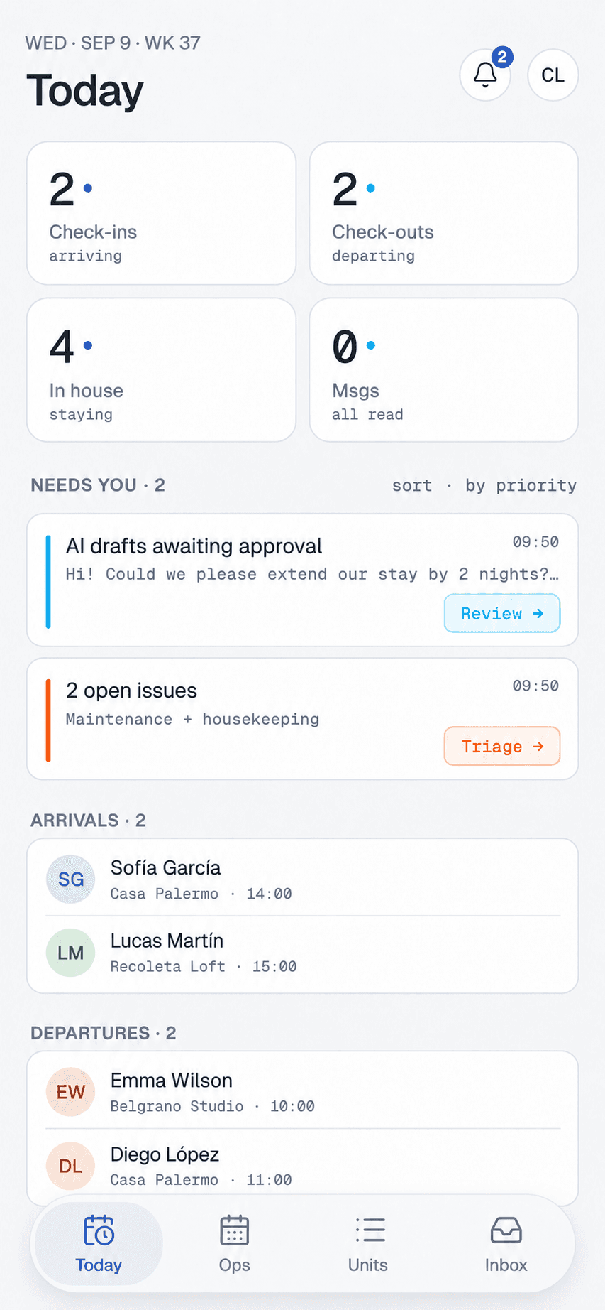 Today view in the Gried operator mobile app, with check-ins, check-outs, messages and pending actions.
