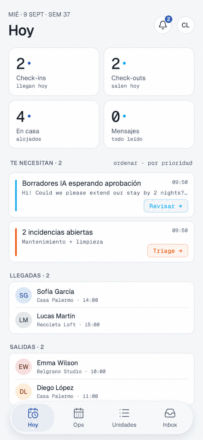 Vista Hoy de la app móvil de Gried para el operador, con check-ins, check-outs, mensajes y pendientes.