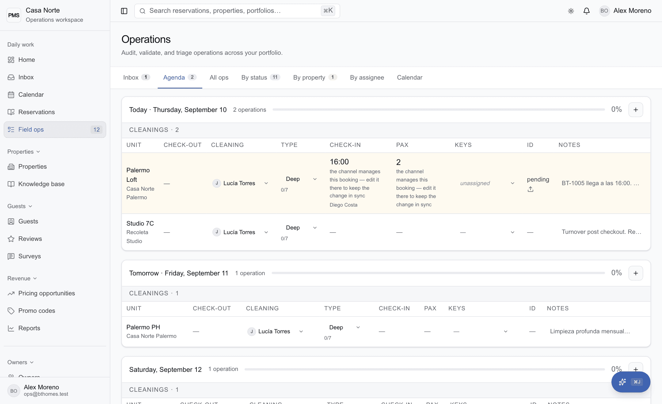 Gried Operations agenda with cleaning tasks, assignees and upcoming arrivals organized by day.