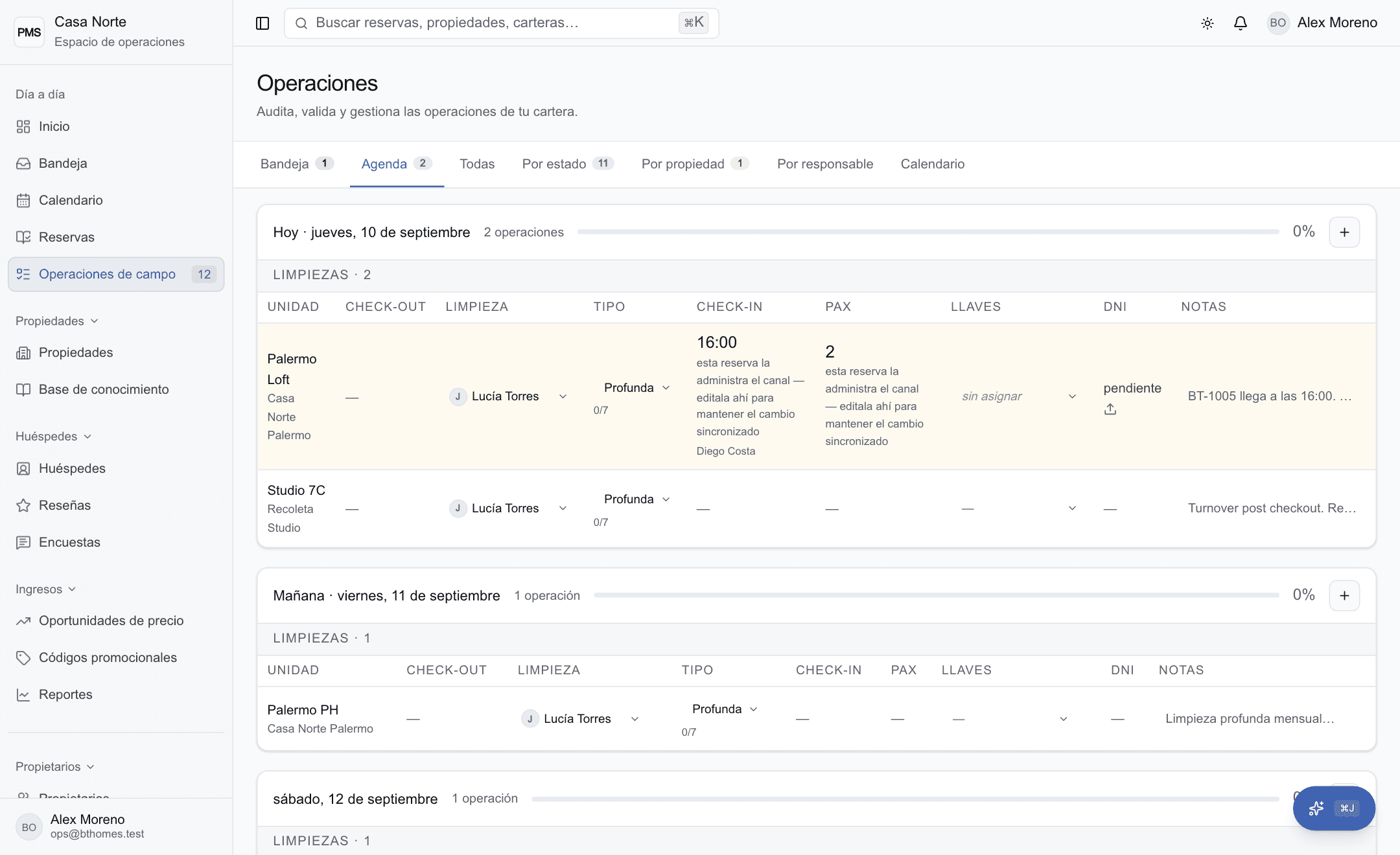 Agenda de Operaciones de Gried con limpiezas, responsables y próximas llegadas organizadas por día.