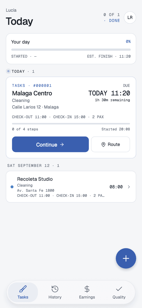 Current Gried staff mobile app home, showing tasks, progress and upcoming work.